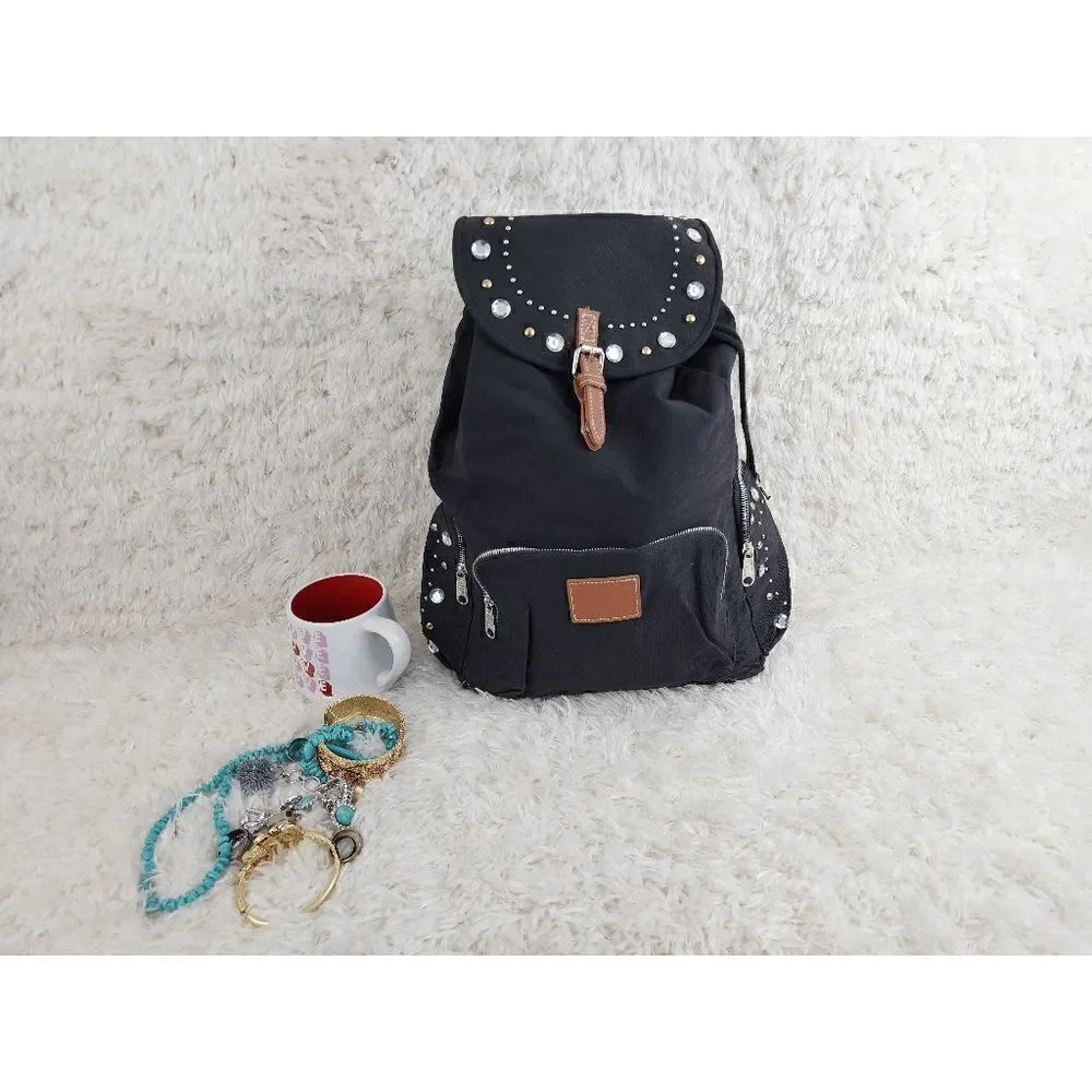 NWT Victoria's Secret Black Backpack Studded Beading Canvass NWT